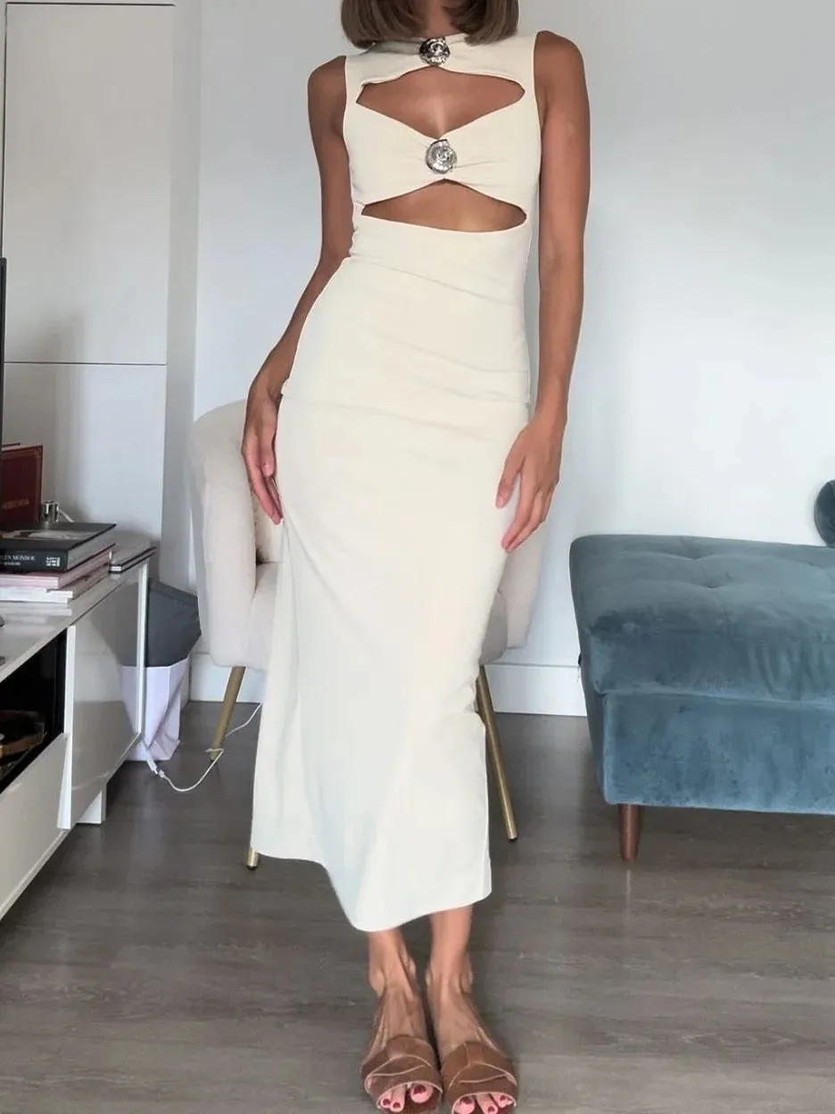 Fashion Hollow-out Solid Long Dress for Women