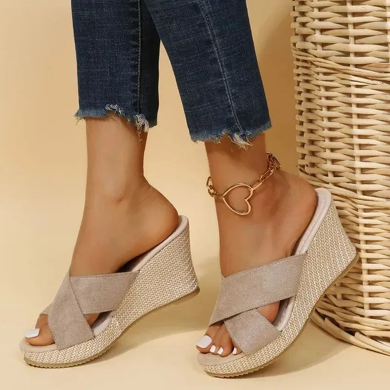 Fashionable Fish Mouth Hollow Breathable Wedge New Women's Shoes Comfortable Casual Increased Elegant Slippers Zapatos Mujer