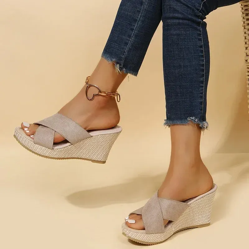 Fashionable Fish Mouth Hollow Breathable Wedge New Women's Shoes Comfortable Casual Increased Elegant Slippers Zapatos Mujer