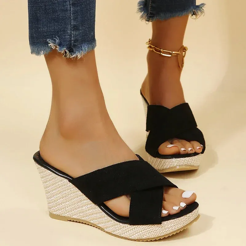 Fashionable Fish Mouth Hollow Breathable Wedge New Women's Shoes Comfortable Casual Increased Elegant Slippers Zapatos Mujer