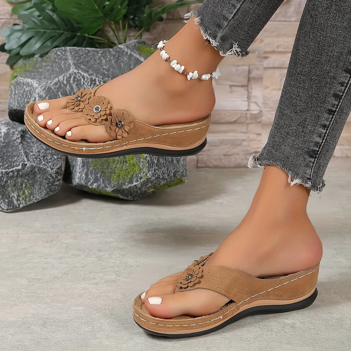 Floral Wedge Sandals | Faux Leather | Comfortable and Stylish