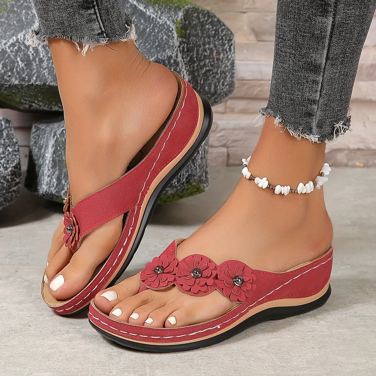 Floral Wedge Sandals | Faux Leather | Comfortable and Stylish