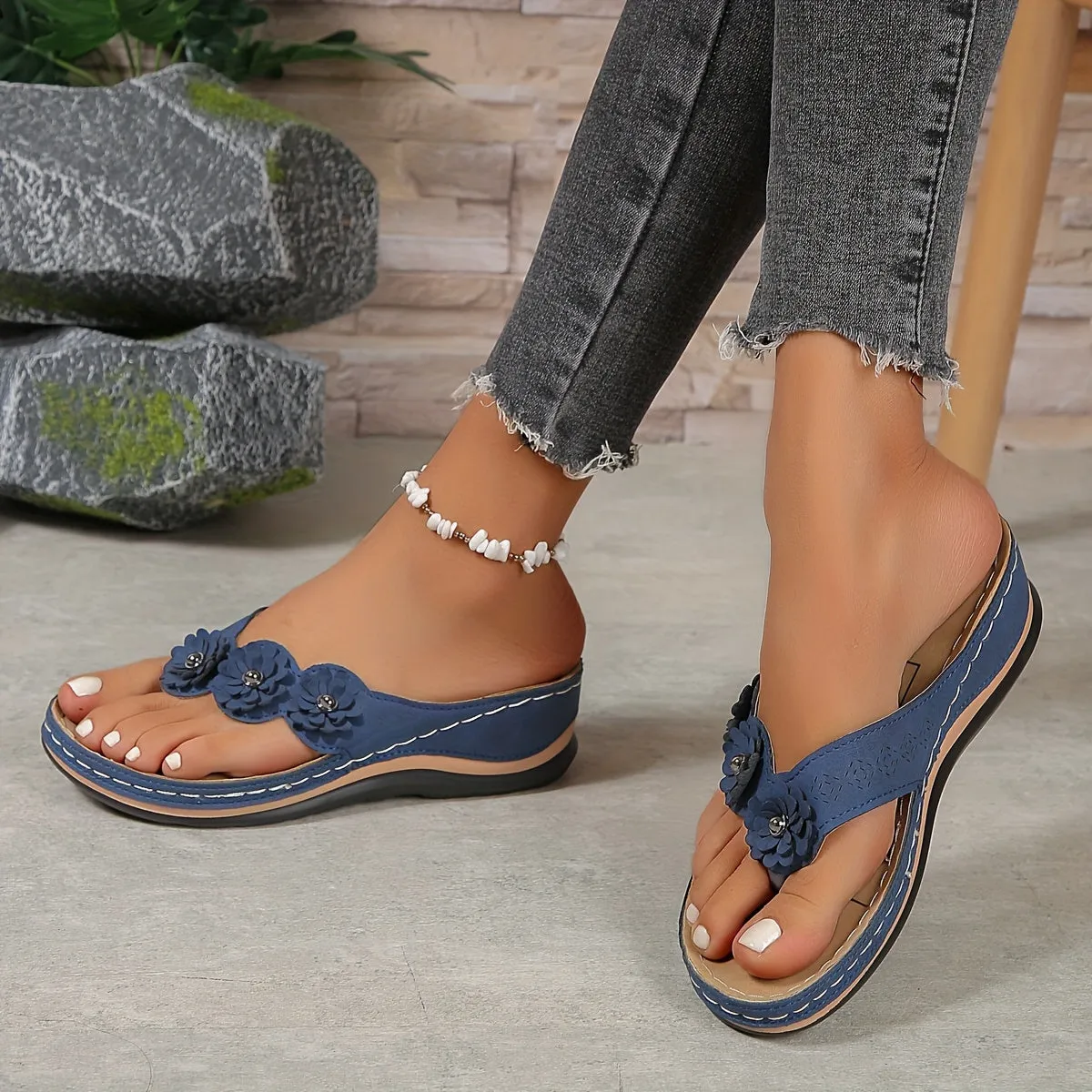 Floral Wedge Sandals | Faux Leather | Comfortable and Stylish