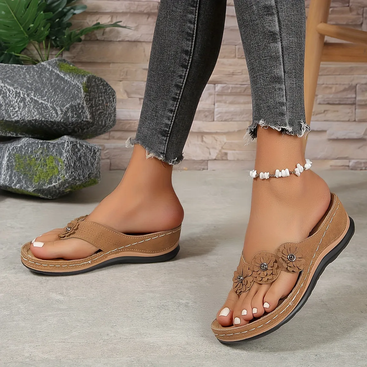 Floral Wedge Sandals | Faux Leather | Comfortable and Stylish