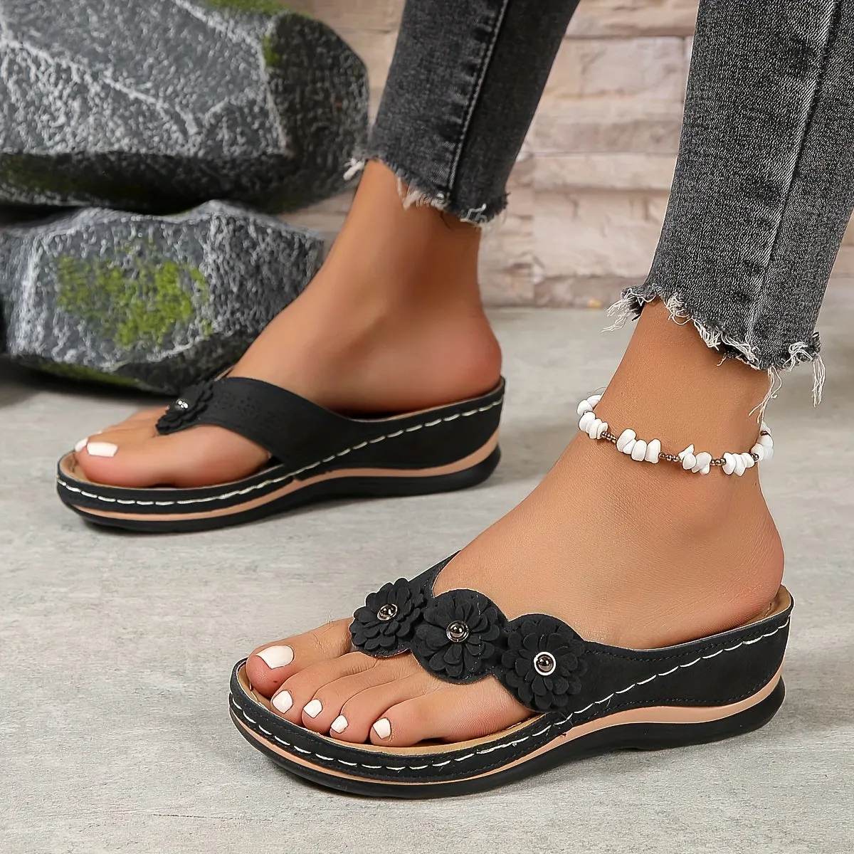 Floral Wedge Sandals | Faux Leather | Comfortable and Stylish