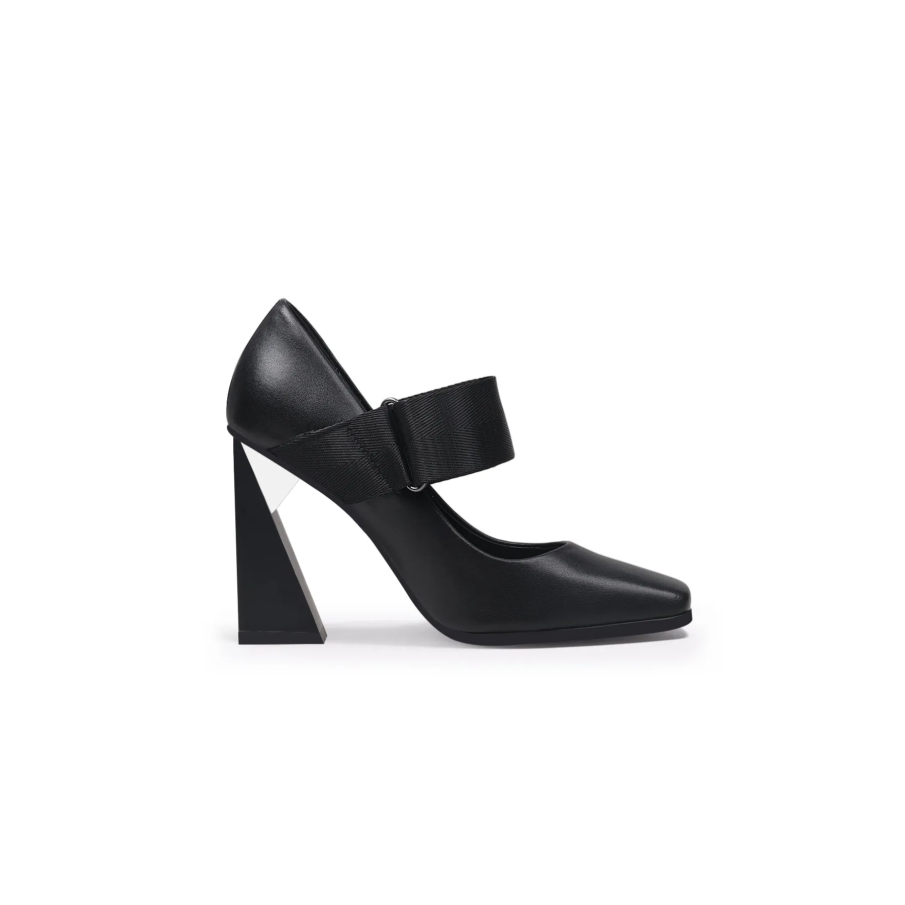 Geometric Heel Leather Mary Jane Black