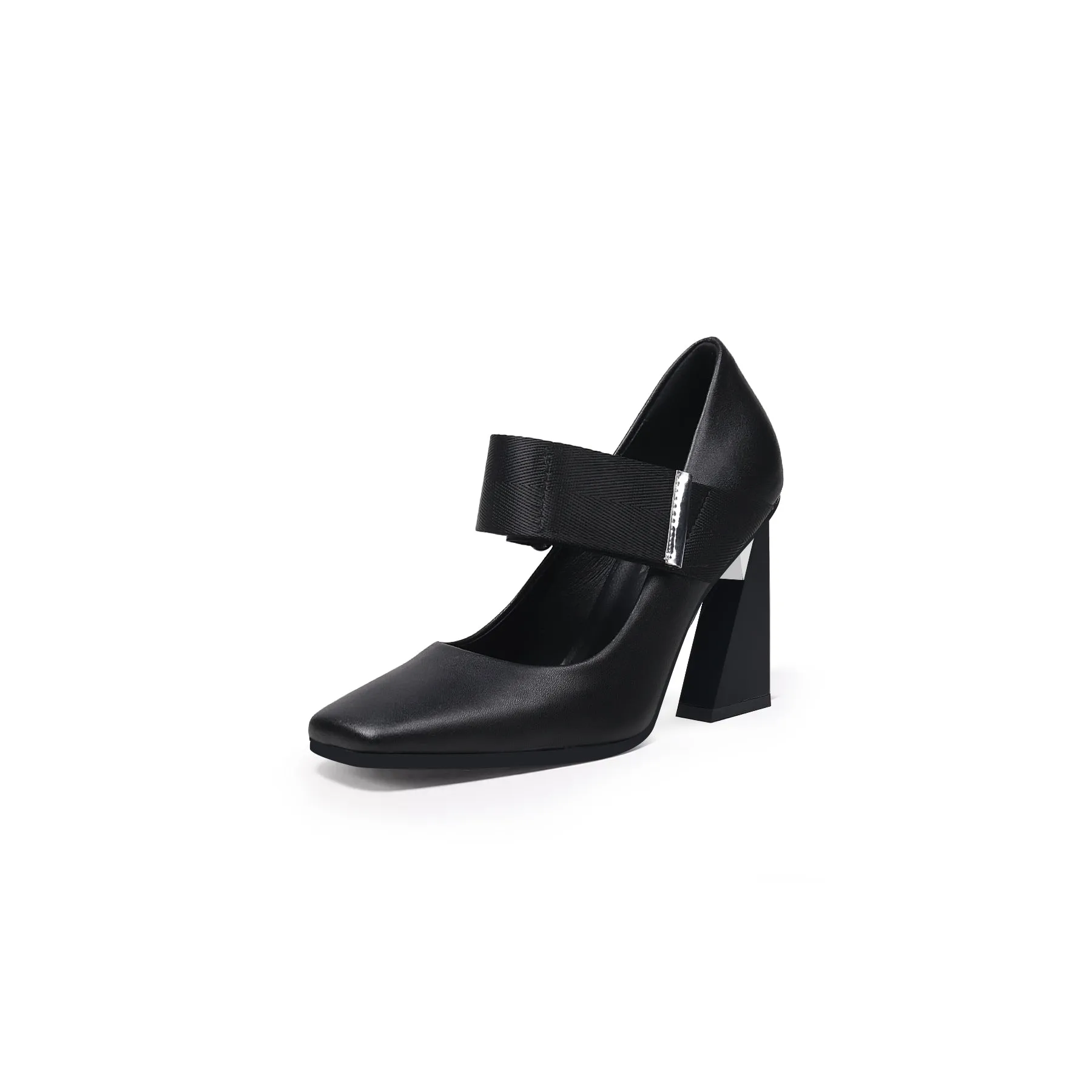Geometric Heel Leather Mary Jane Black
