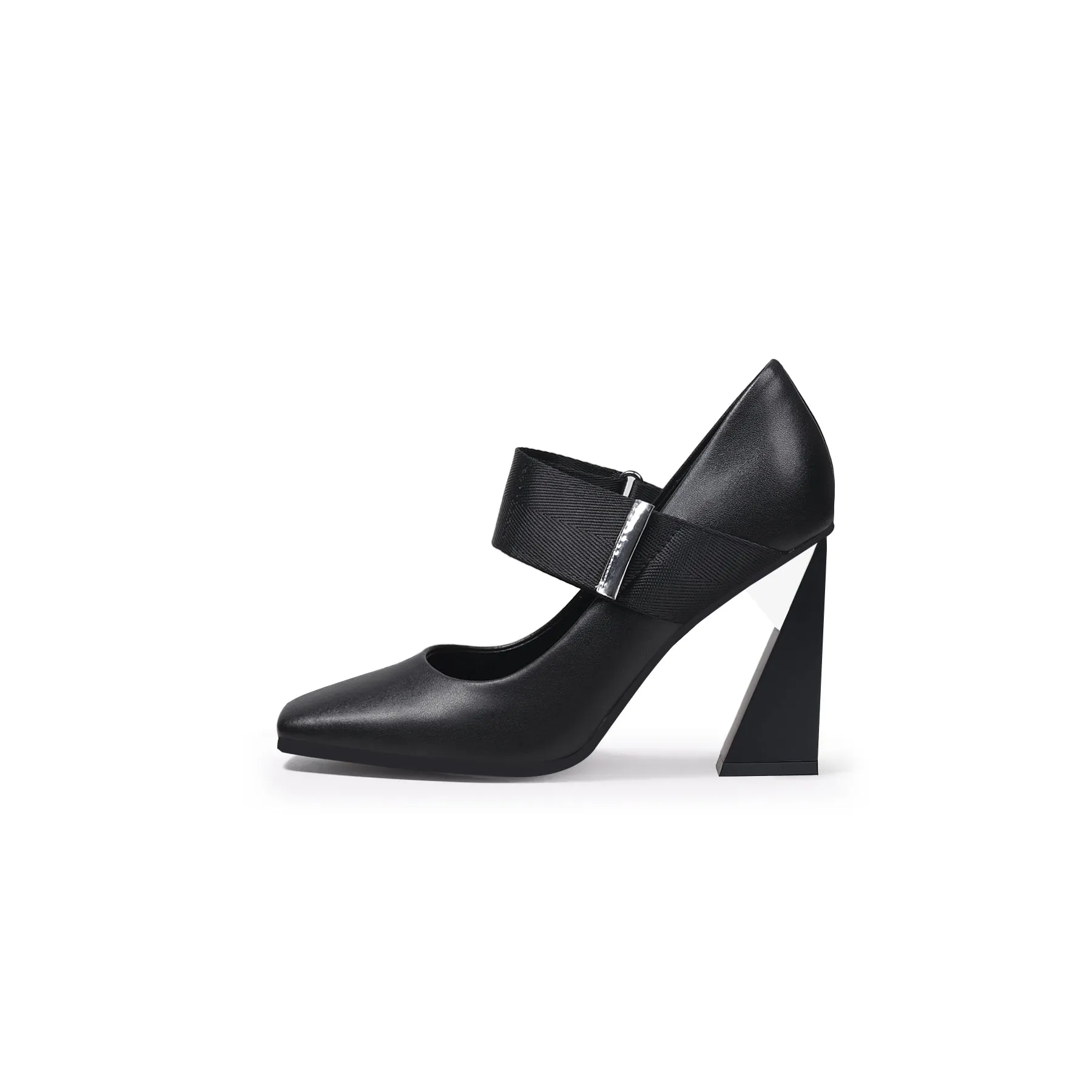 Geometric Heel Leather Mary Jane Black