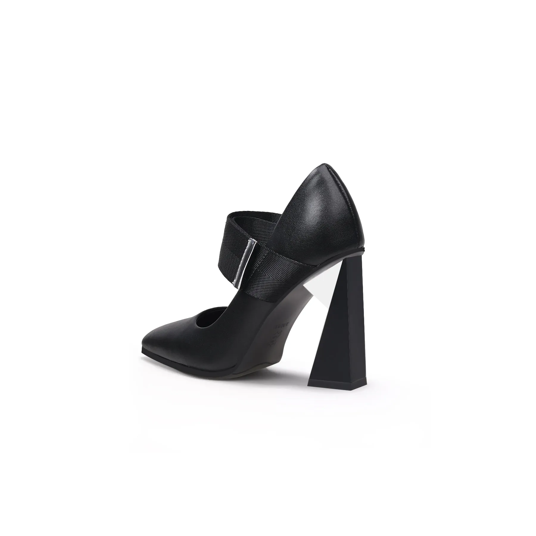 Geometric Heel Leather Mary Jane Black