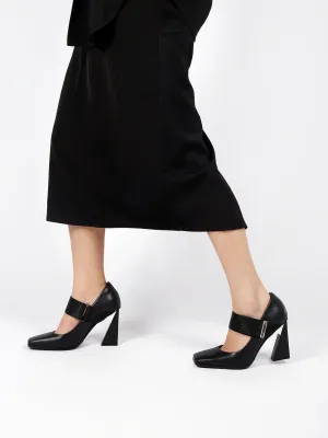 Geometric Heel Leather Mary Jane Black