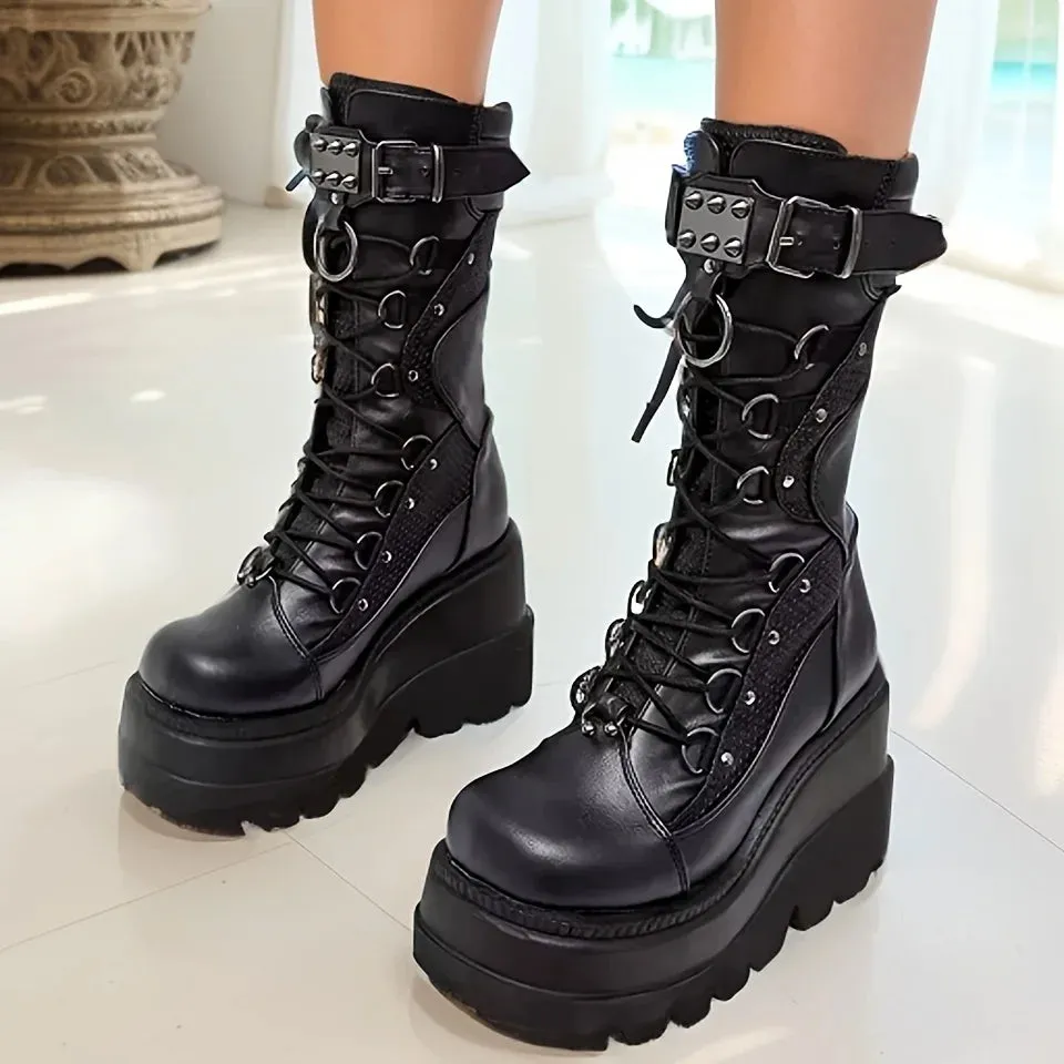 Goth Platform Boots - Fashion Rivet Buckle Punk Wedges, High Heels Women’s Boots, Party Street Cosplay, Brand New Ladies Shoes