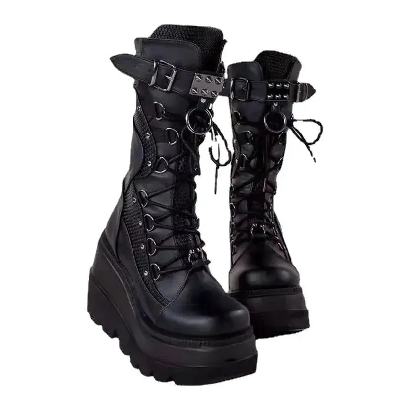 Goth Platform Boots - Fashion Rivet Buckle Punk Wedges, High Heels Women’s Boots, Party Street Cosplay, Brand New Ladies Shoes