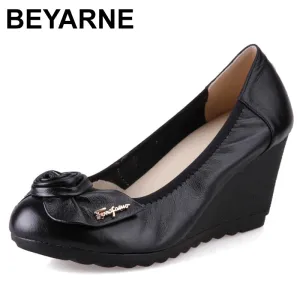 High Quality Cowhide Women Genuine Leather Shoes Wedges Comfortable Fashionable Shoes Bow Black Shoes Elegant Ladies