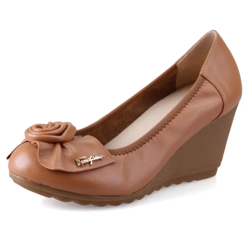 High Quality Cowhide Women Genuine Leather Shoes Wedges Comfortable Fashionable Shoes Bow Black Shoes Elegant Ladies