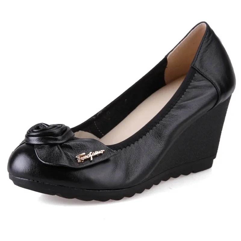 High Quality Cowhide Women Genuine Leather Shoes Wedges Comfortable Fashionable Shoes Bow Black Shoes Elegant Ladies