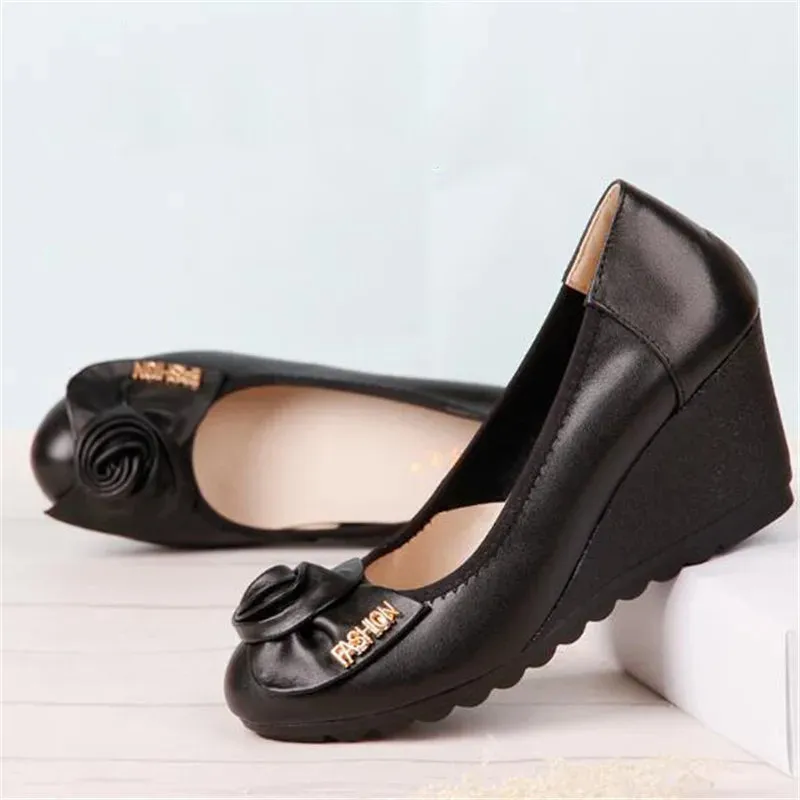 High Quality Cowhide Women Genuine Leather Shoes Wedges Comfortable Fashionable Shoes Bow Black Shoes Elegant Ladies