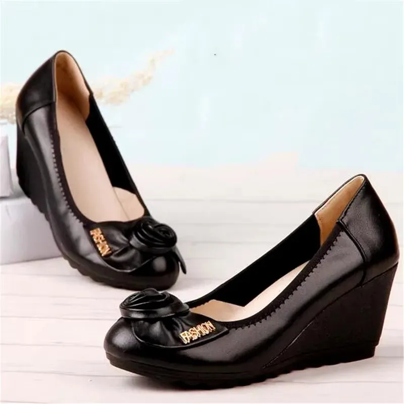 High Quality Cowhide Women Genuine Leather Shoes Wedges Comfortable Fashionable Shoes Bow Black Shoes Elegant Ladies