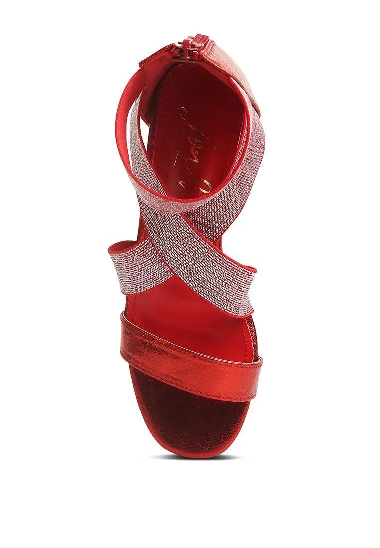 Huskies Metallic Faux Leather Block Heel Sandals