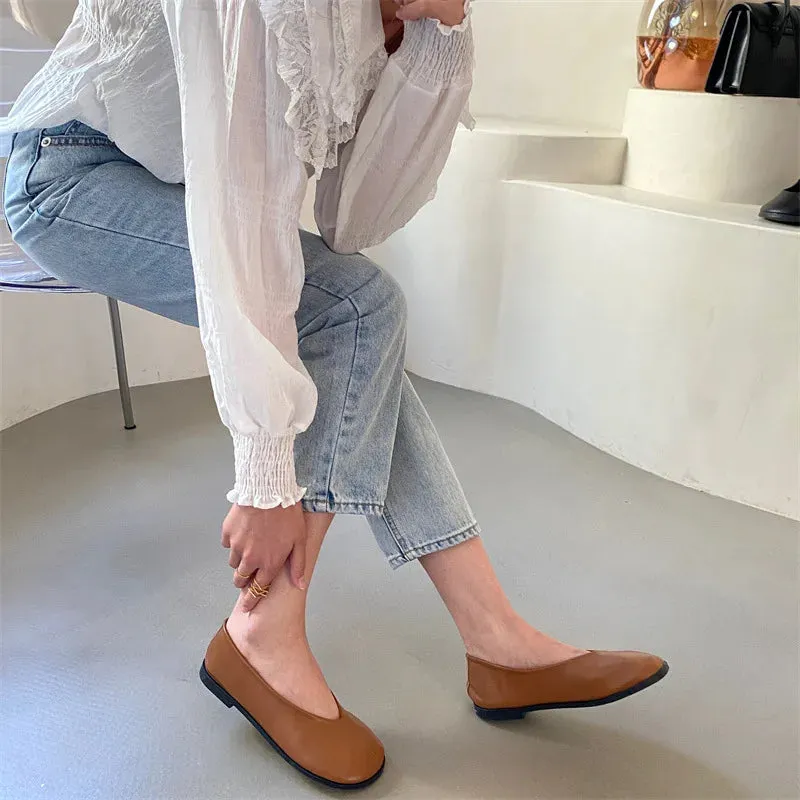 Japanese Style Round Toe Loafers Women Soft Leather Flats Shoes Patchwork Sewing Moccasins Female Cozy Ballet Slip On Lazy Mules