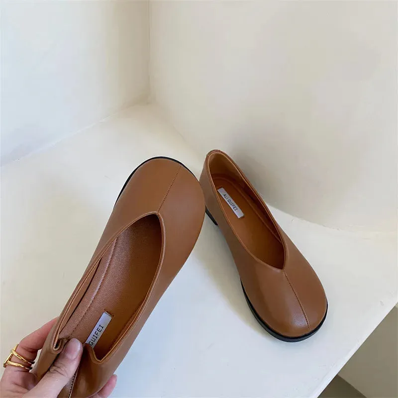Japanese Style Round Toe Loafers Women Soft Leather Flats Shoes Patchwork Sewing Moccasins Female Cozy Ballet Slip On Lazy Mules