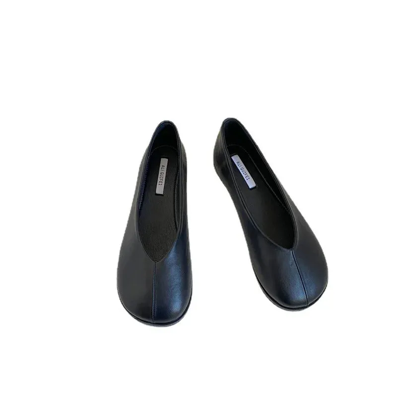 Japanese Style Round Toe Loafers Women Soft Leather Flats Shoes Patchwork Sewing Moccasins Female Cozy Ballet Slip On Lazy Mules
