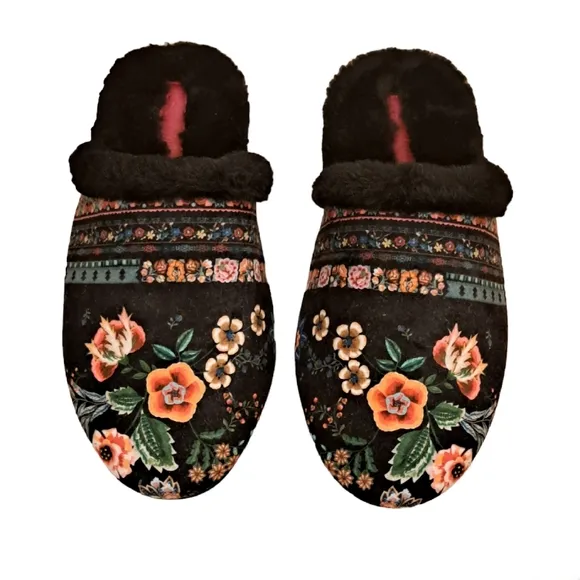 Johnny Was Ardell Floral Faux Fur Slippers