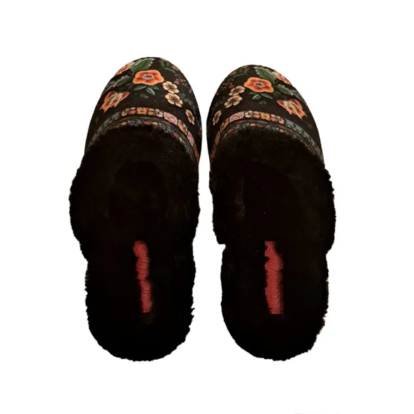 Johnny Was Ardell Floral Faux Fur Slippers