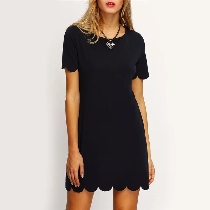 Ladies Black Scalloped Hem Keyhole Dresses Casual Summer Style Womens Straight Mini Dress