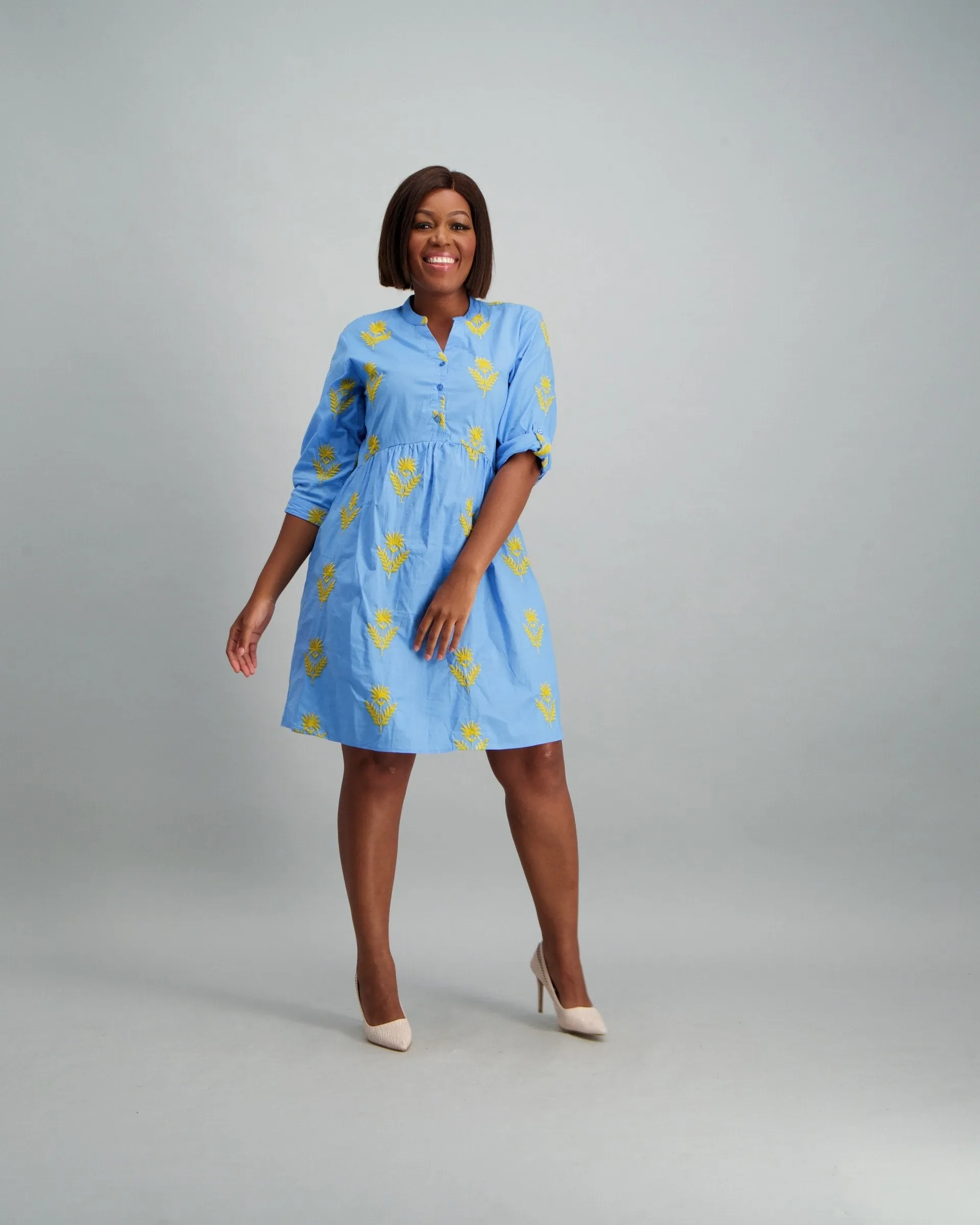 Ladies Embroided Cotton Shirt Dress - Blue