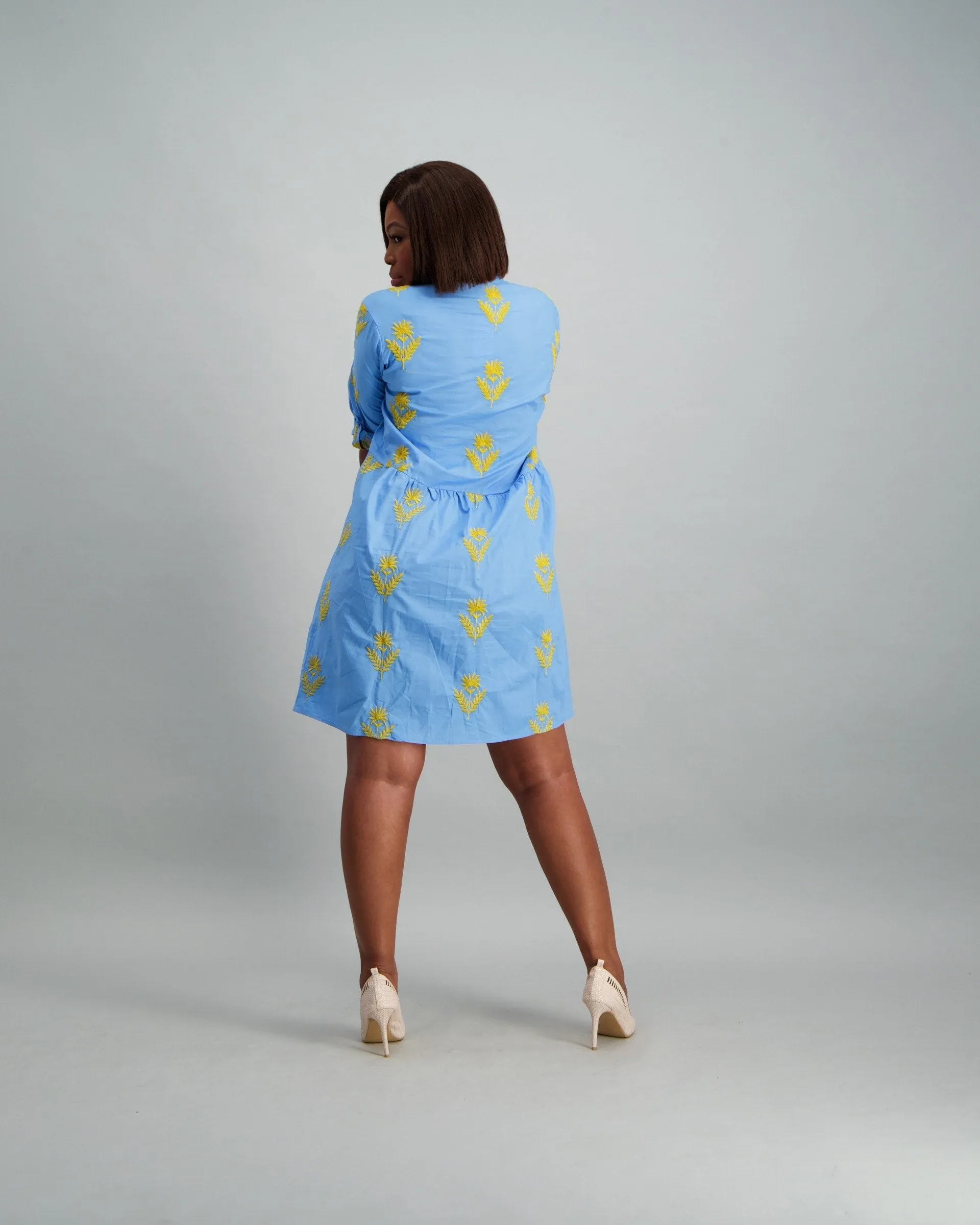 Ladies Embroided Cotton Shirt Dress - Blue