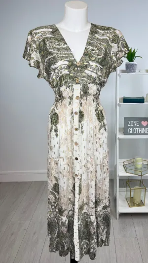 Macy - Linen Look Gold Fleck V-Neck Print Khaki Maxi