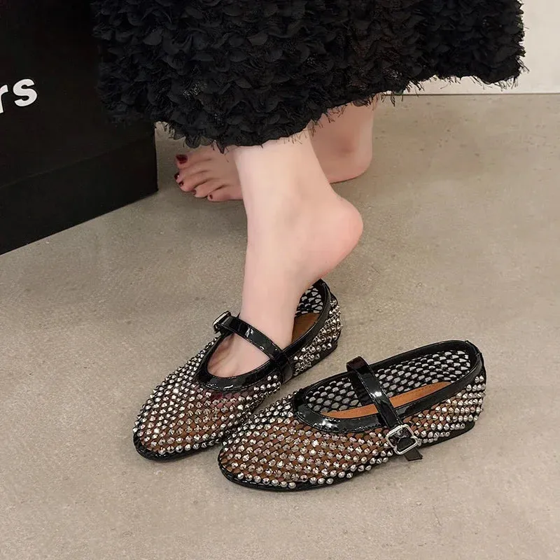Mesh Breathable Rhinestone Fashion - Versatile Women's New Foreign Style Niche Belt Flat Soft-Soled Mary Jane Shoes