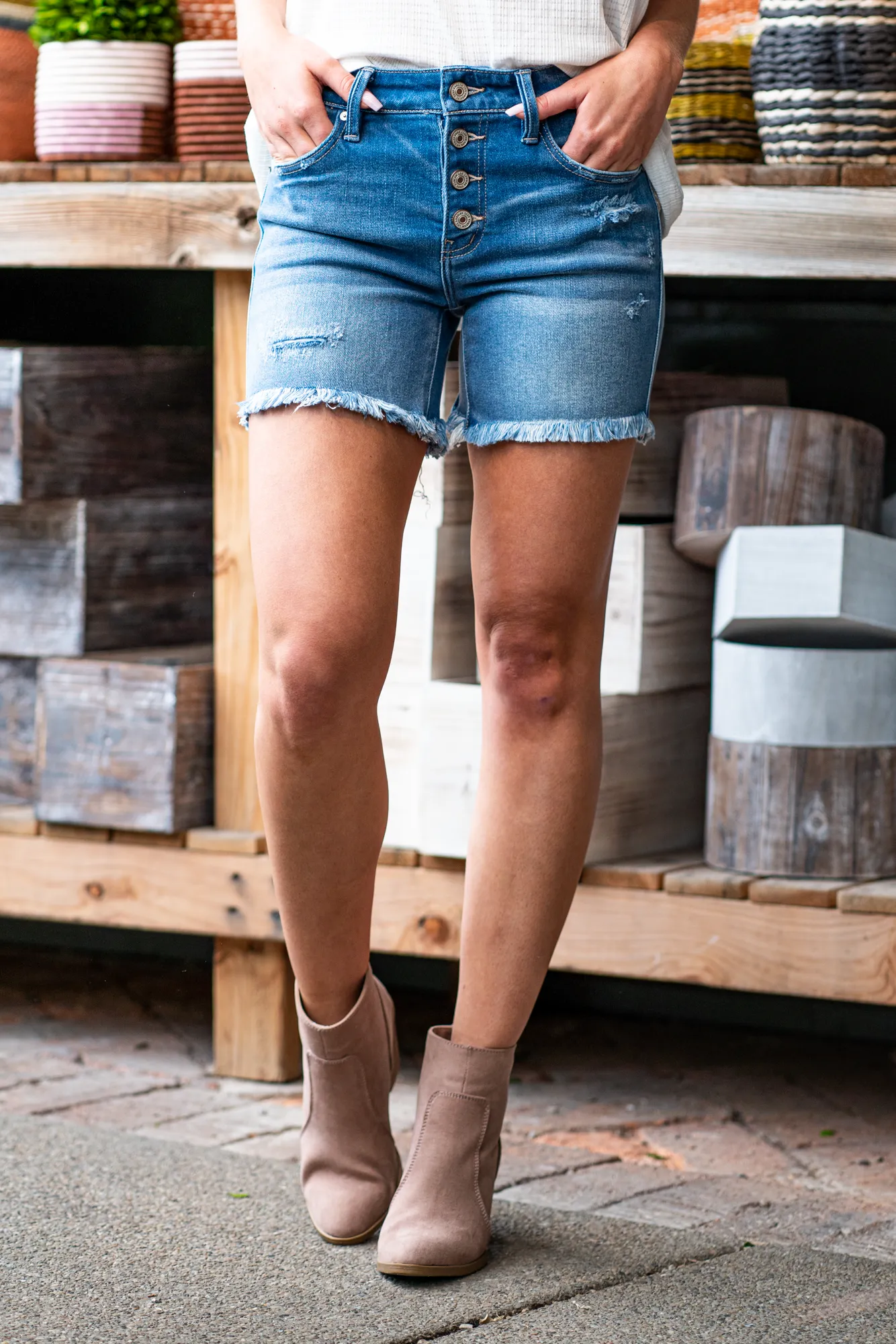 Moira Exposed Button Fly Mid Rise Shorts Regular & Plus Sizes