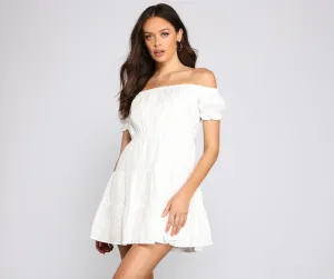 Off The Shoulder Charming Eyelet Skater Dress
