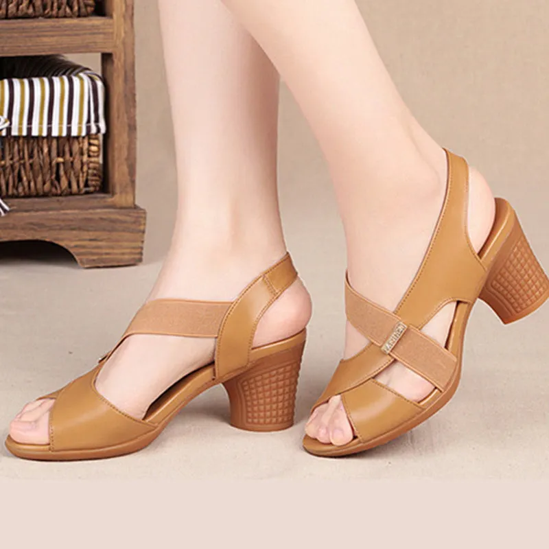 Pofulove Ankle Strap Sandals Peep Toe High Heels Rome Summer Thick Heel Comfortable Shoes Ladies Footwear
