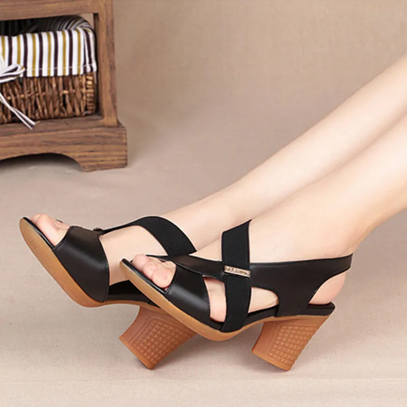 Pofulove Ankle Strap Sandals Peep Toe High Heels Rome Summer Thick Heel Comfortable Shoes Ladies Footwear