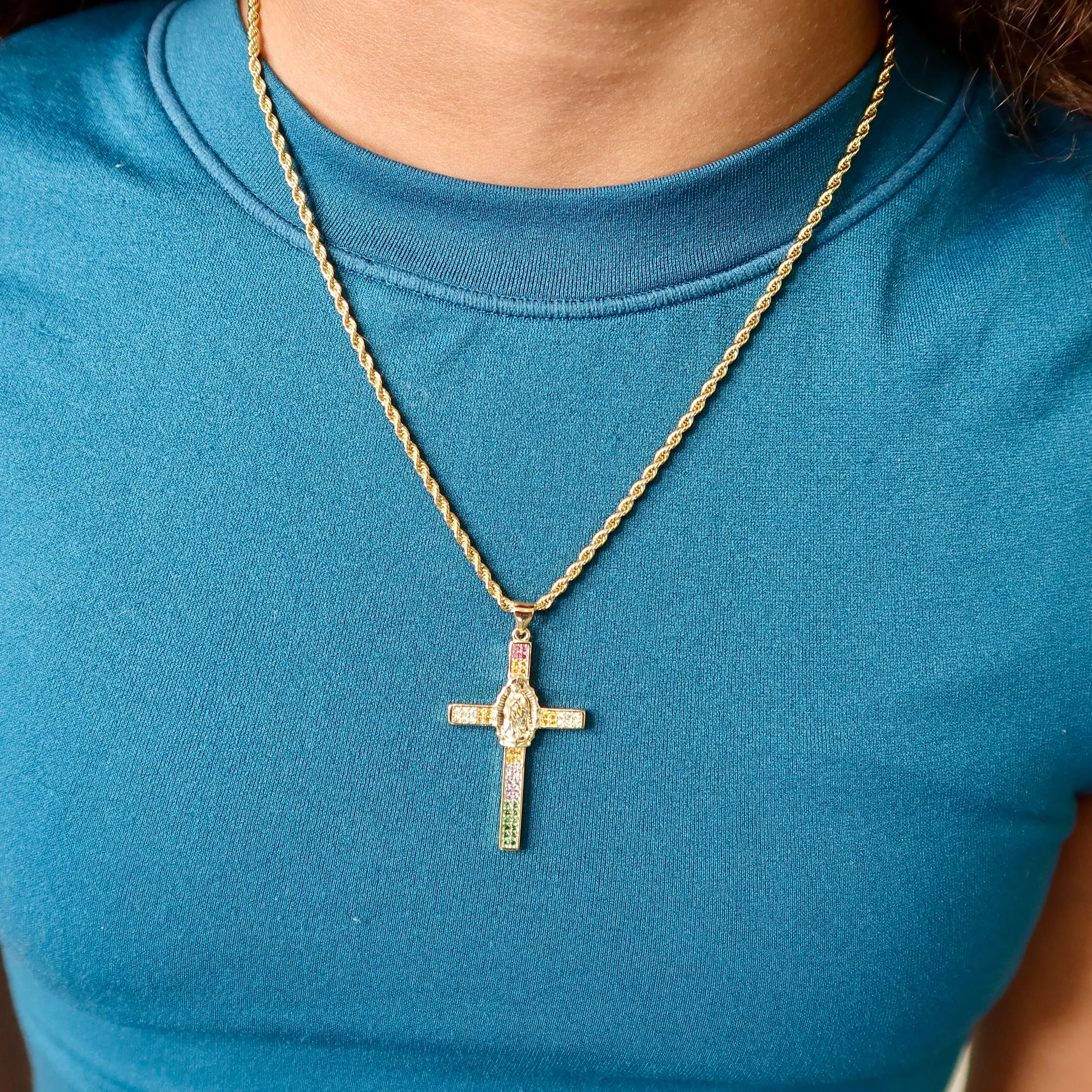 Rainbow Virgin Mary Cross Necklace