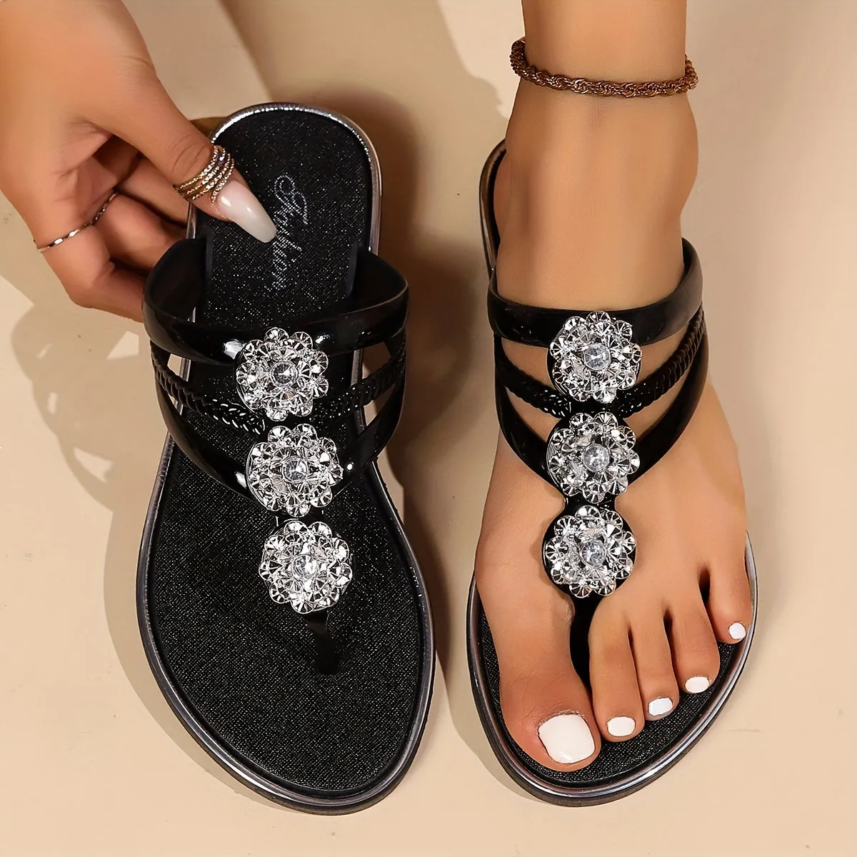 Rhinestone Thong Sandals | Silver | Glamorous and Comfortable