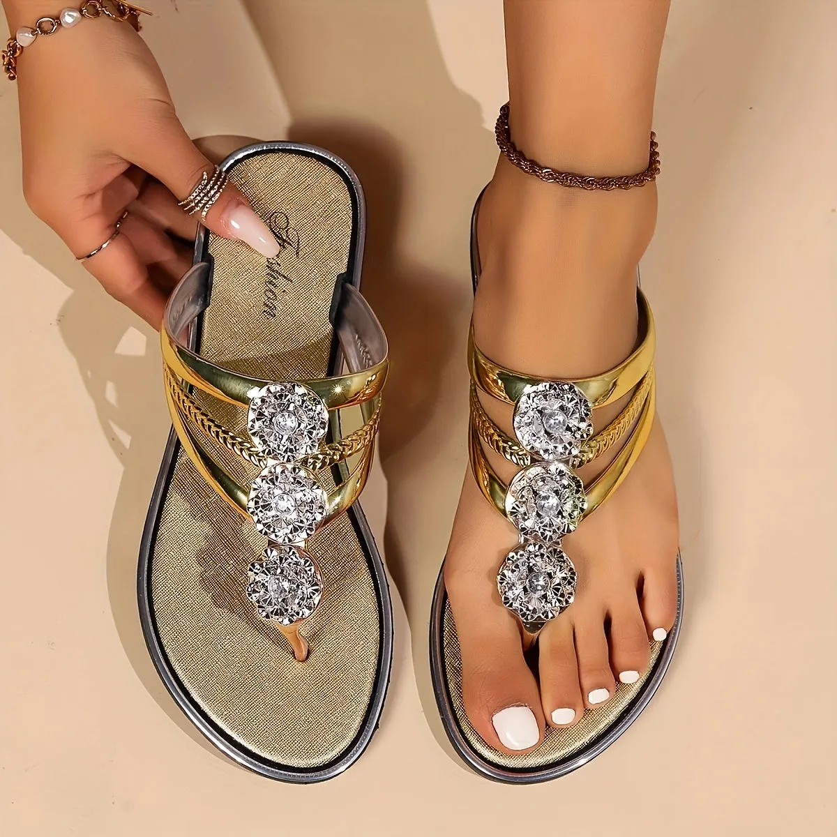 Rhinestone Thong Sandals | Silver | Glamorous and Comfortable