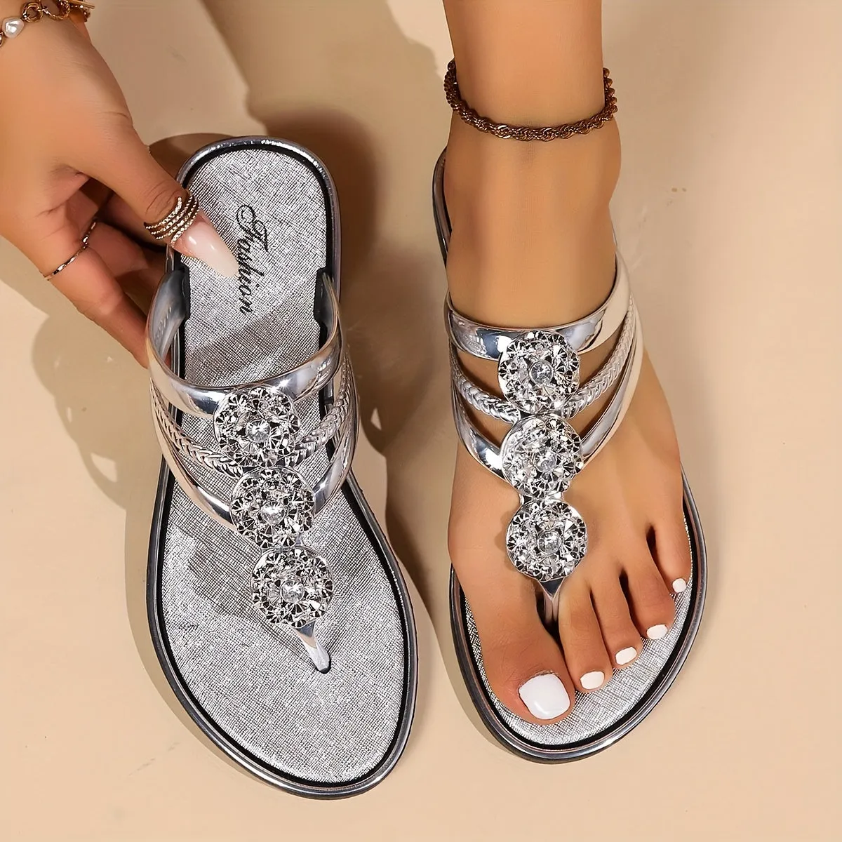 Rhinestone Thong Sandals | Silver | Glamorous and Comfortable