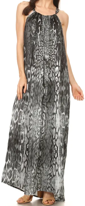Sakkas Calypso Long Adjustable Column Dress with Animal Print and Rhinestones