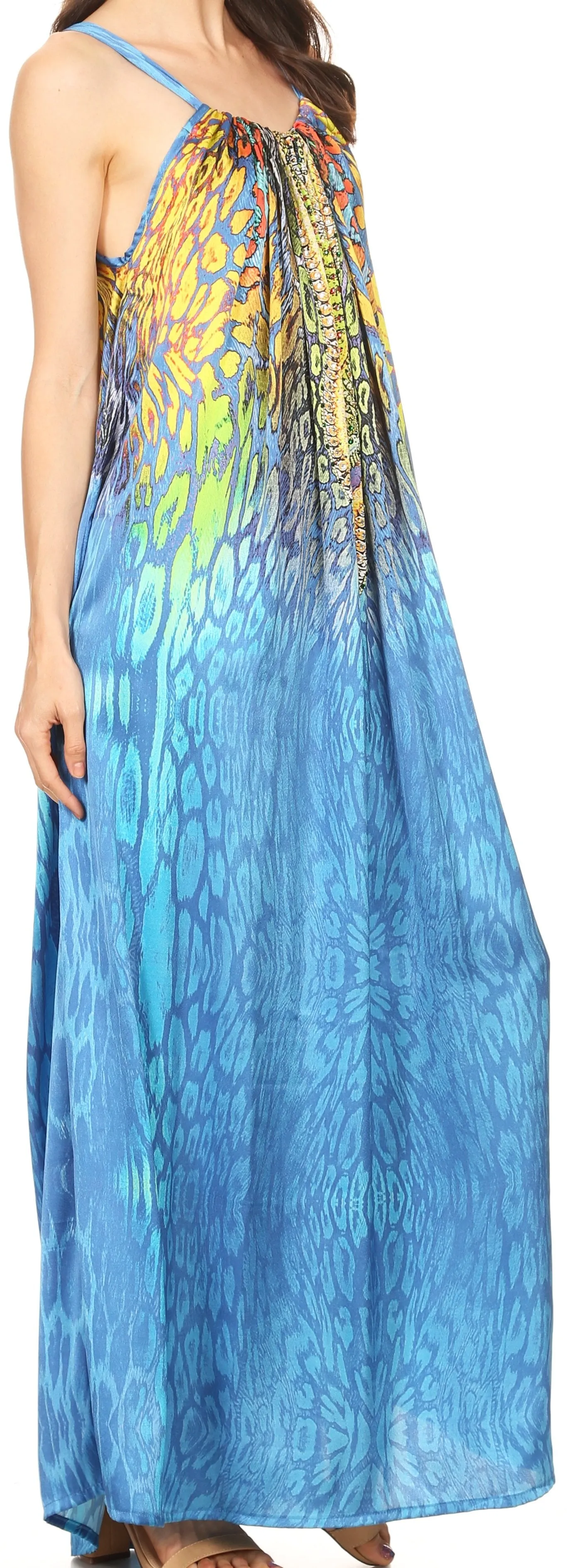 Sakkas Calypso Long Adjustable Column Dress with Animal Print and Rhinestones