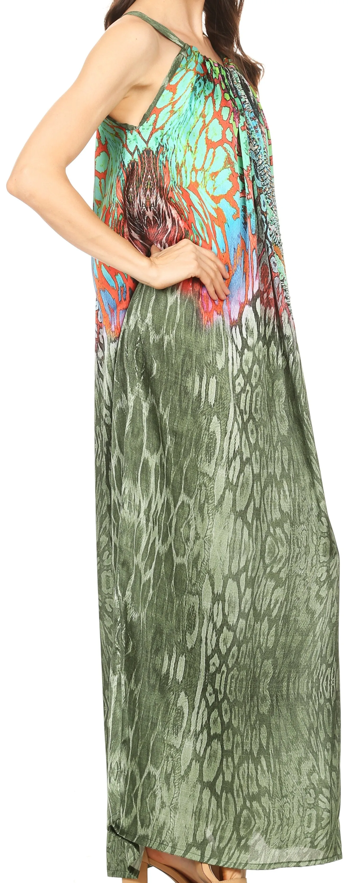 Sakkas Calypso Long Adjustable Column Dress with Animal Print and Rhinestones