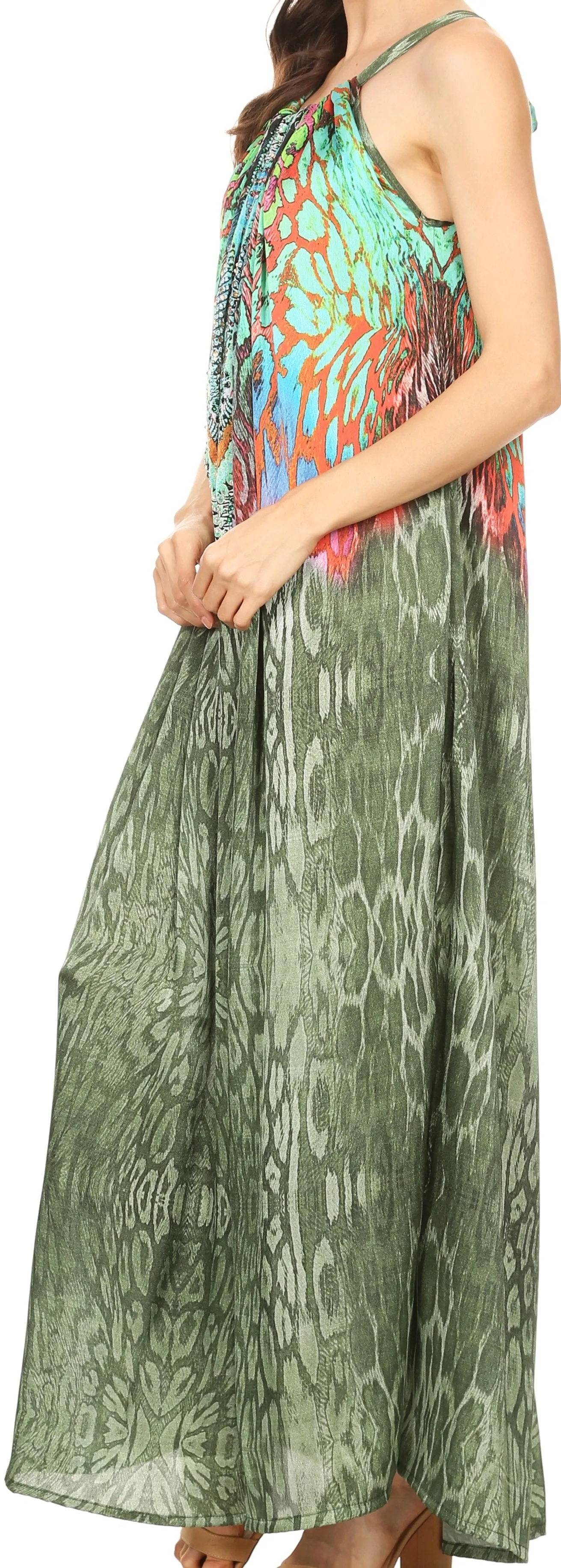 Sakkas Calypso Long Adjustable Column Dress with Animal Print and Rhinestones