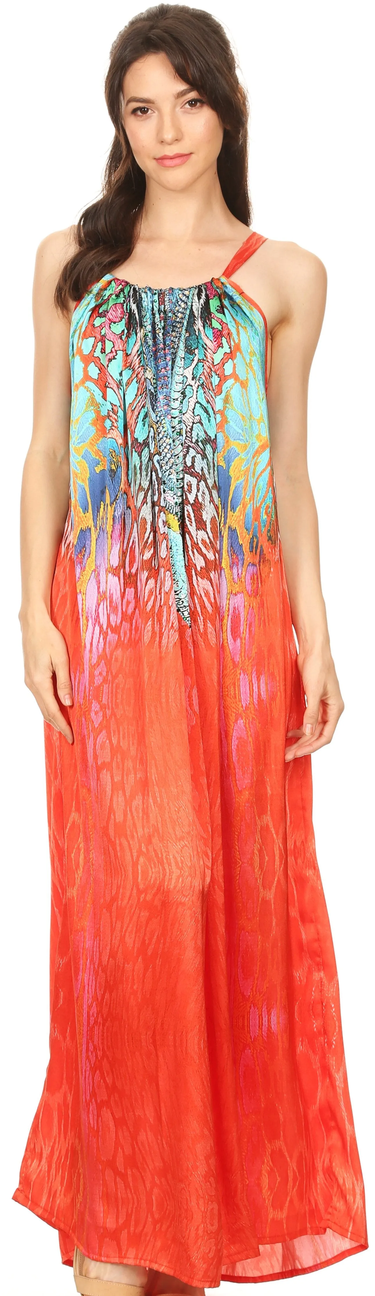 Sakkas Calypso Long Adjustable Column Dress with Animal Print and Rhinestones