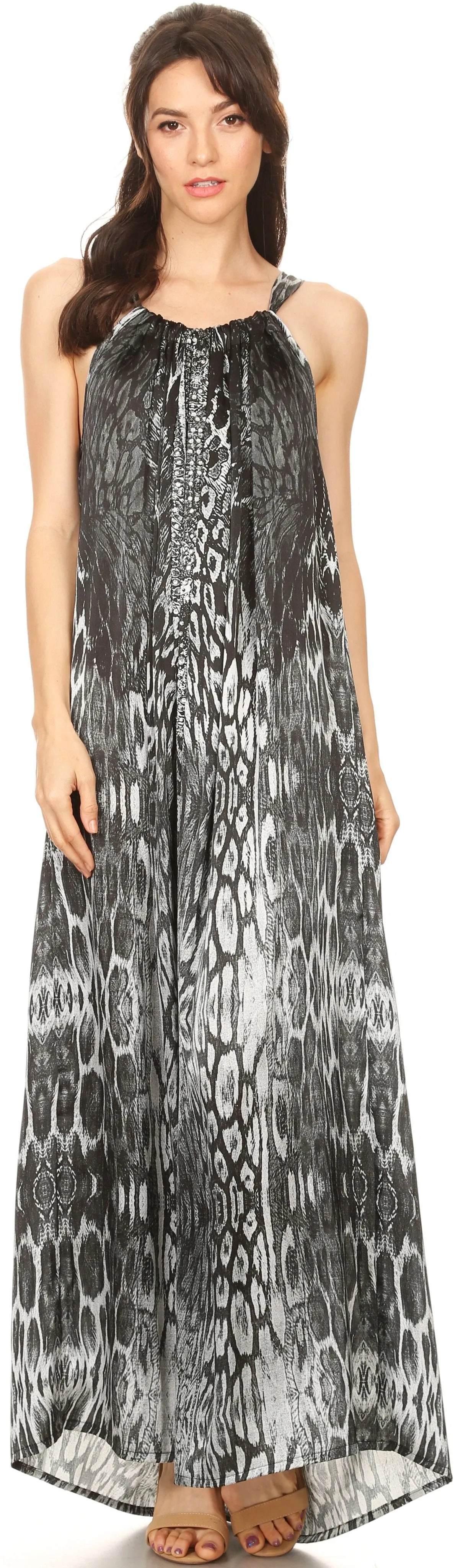 Sakkas Calypso Long Adjustable Column Dress with Animal Print and Rhinestones