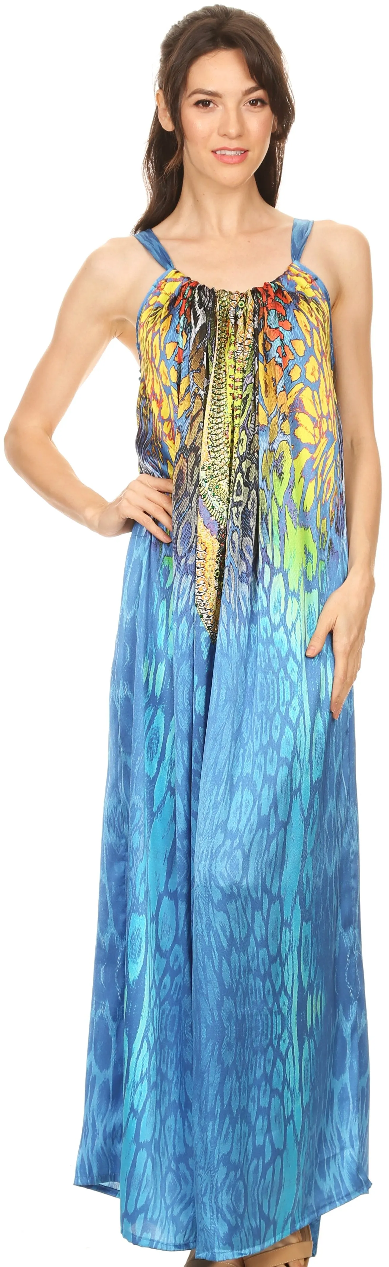 Sakkas Calypso Long Adjustable Column Dress with Animal Print and Rhinestones
