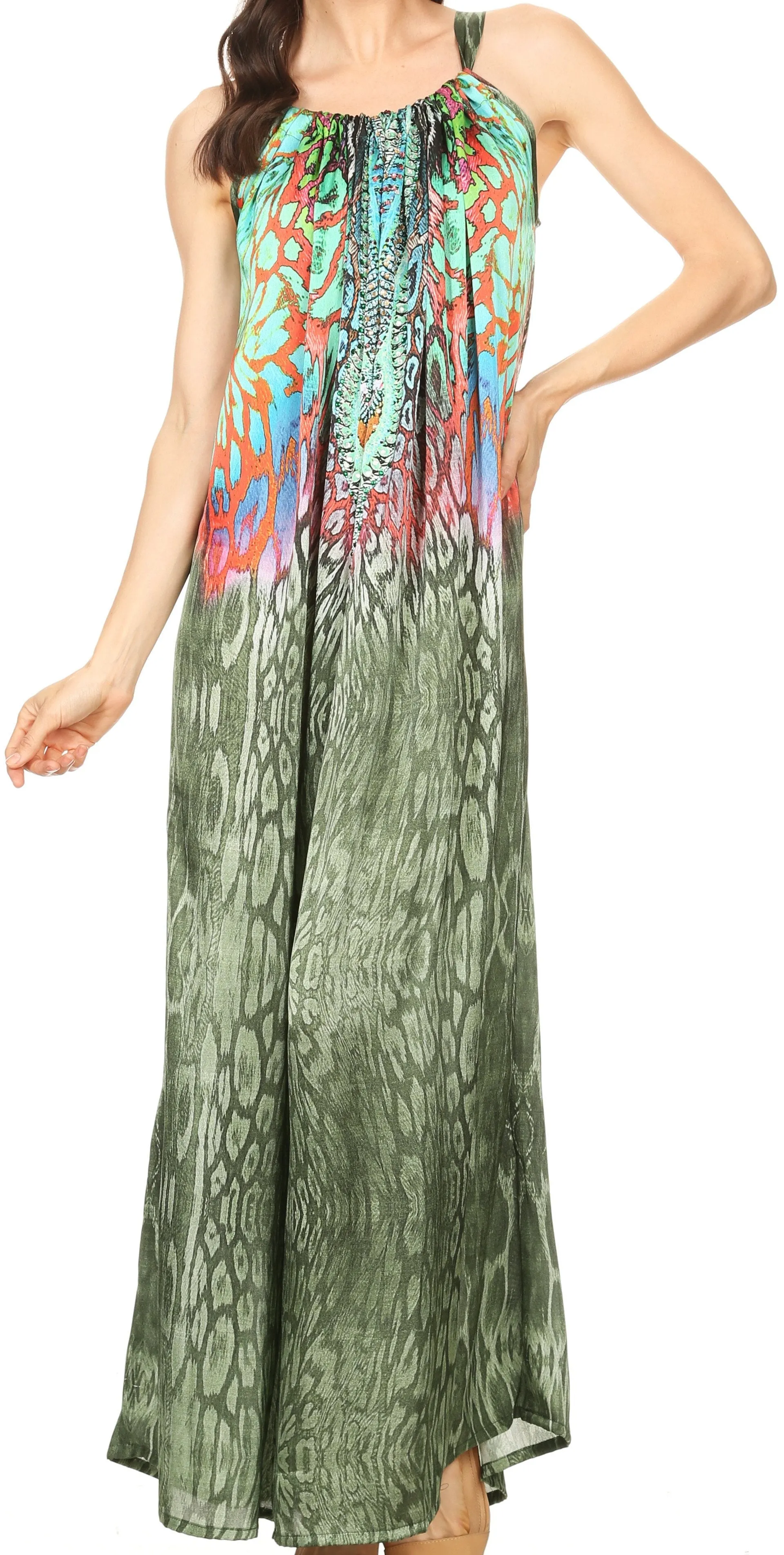 Sakkas Calypso Long Adjustable Column Dress with Animal Print and Rhinestones