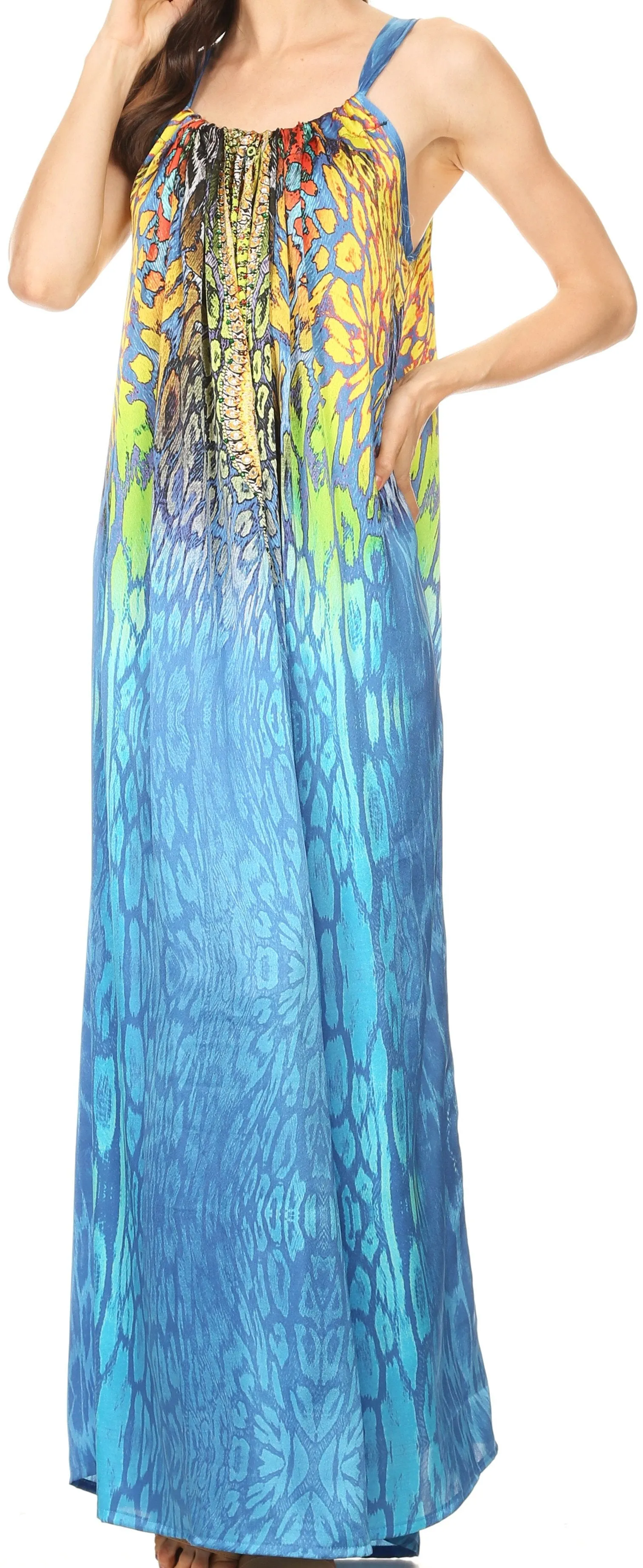 Sakkas Calypso Long Adjustable Column Dress with Animal Print and Rhinestones