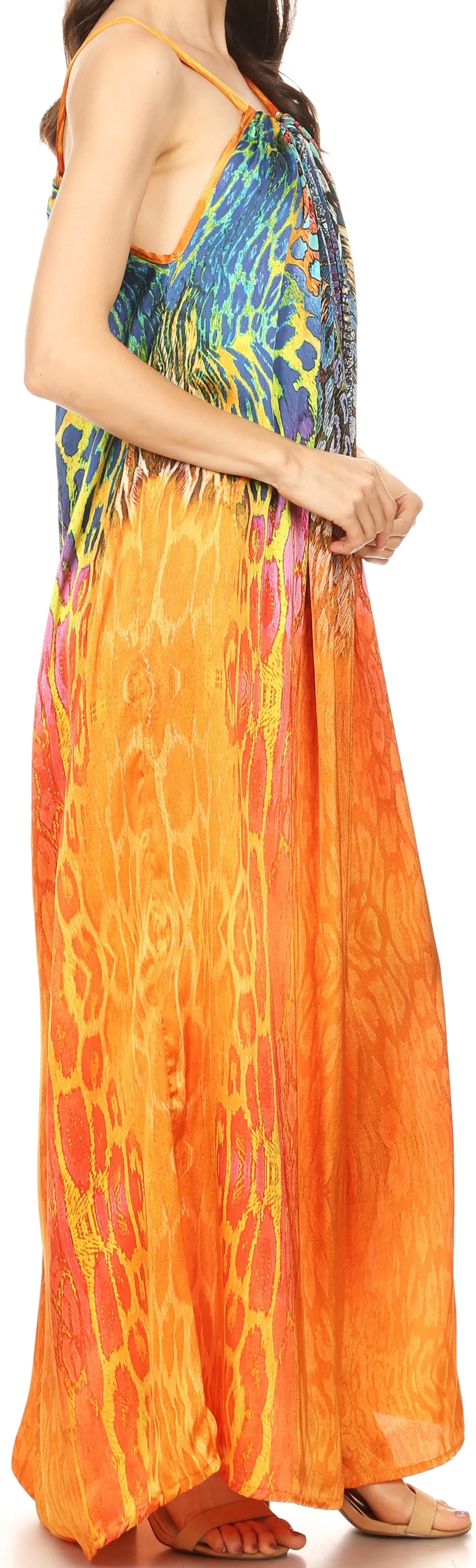 Sakkas Calypso Long Adjustable Column Dress with Animal Print and Rhinestones